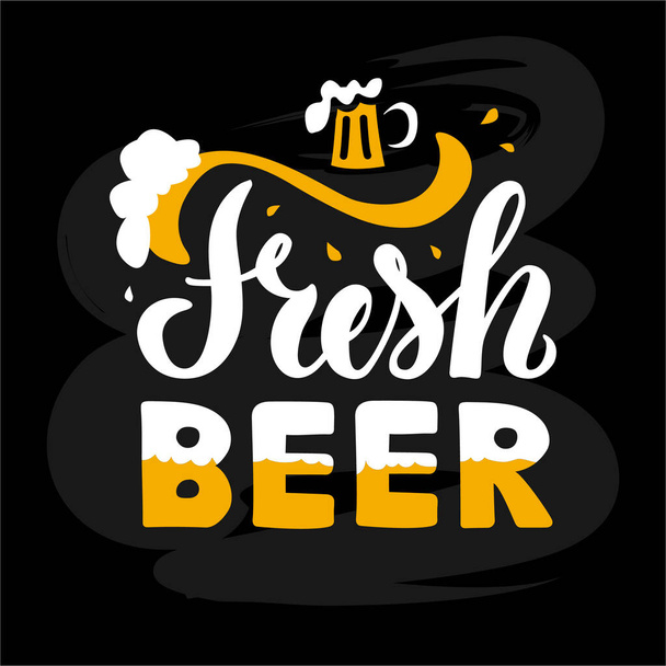 Vector illustration of fresh beer lettering for bottle stickers, banner, greeting card, advertisement, poster, invitation, shop signage, web design or print. Handwritten text for beer festival  - Vettoriali, immagini