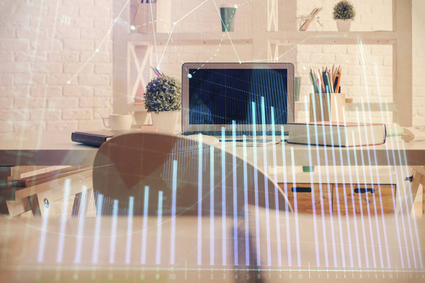 Double exposure of financial graph drawing and office interior background. Concept of stock market. - Fotografie, Obrázek