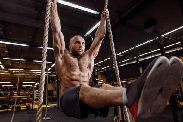 active shirtless sportsman holding ropes - 写真・画像