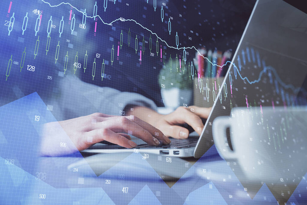 Double exposure of woman hands typing on computer and forex chart hologram drawing. Stock market invest concept. - Zdjęcie, obraz