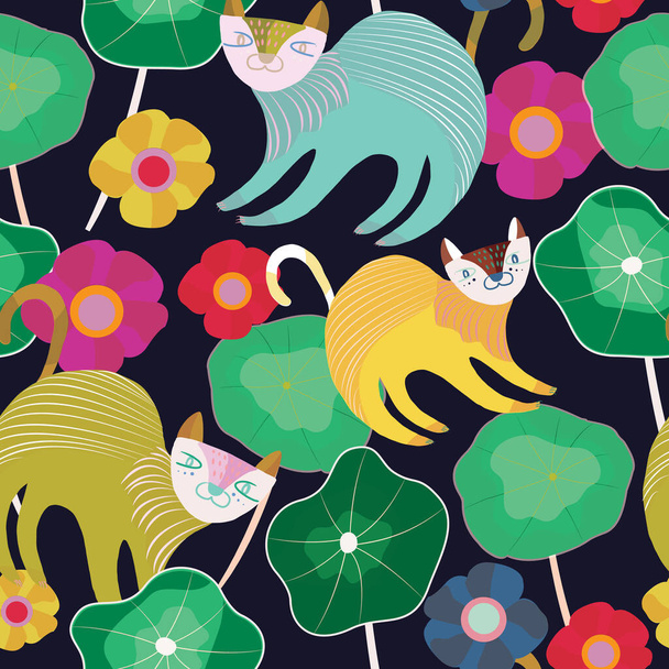 Dark blue with cute cats seamless pattern background design. - Vector, Image