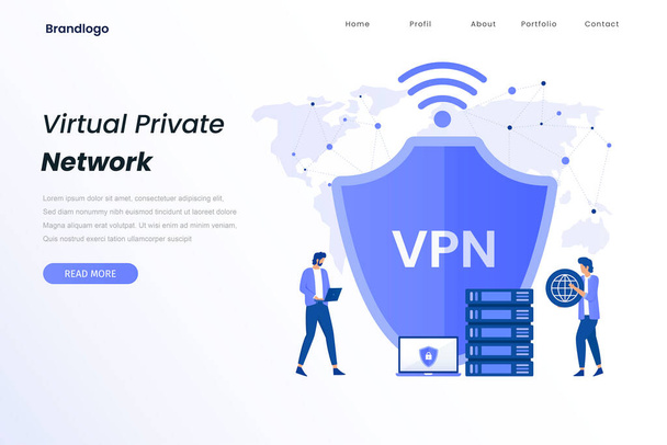 Stránka přistání ilustrace služby VPN Ilustrace pro webové stránky, přistávací stránky, mobilní aplikace, plakáty a transparenty. - Vektor, obrázek