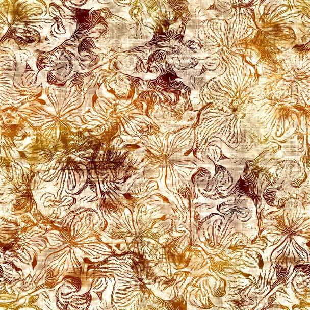 Απρόσκοπτη μοντέρνα εκτύπωση σέπια καφέ λουλούδι. Grunge υδατογραφία υφή floral φόντο. Φθαρμένο λεκέ πλυθεί μοτίβο ύφασμα. Βαμμένα λευκά είδη πέφτουν πάνω στο αποτύπωμα.  - Φωτογραφία, εικόνα