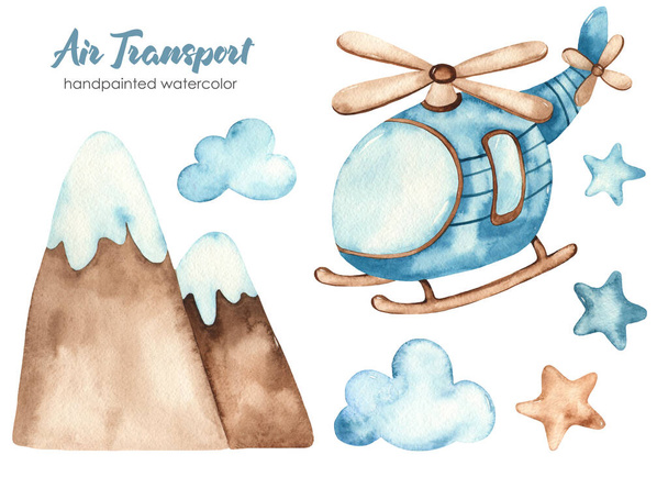 Helikopteri, vuoret, pilvet ja tähdet. Vesiväri clipartof lentoliikenteen - Valokuva, kuva