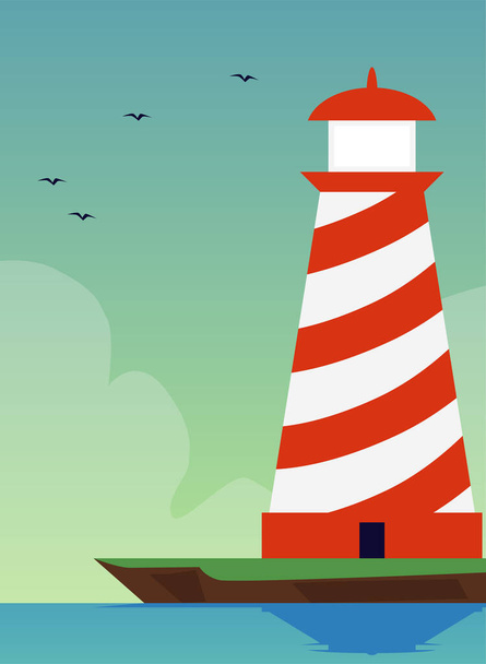 Sunny day seashore landscape with beacon or lighthouse flat vector illustration. - Вектор,изображение