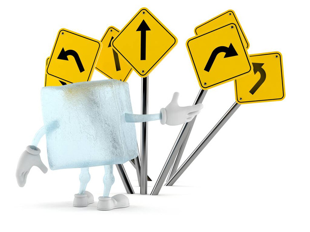 Eiswürfelcharakter verwechselt mit Verkehrsschildern auf weißem Hintergrund. 3D-Illustration - Foto, Bild