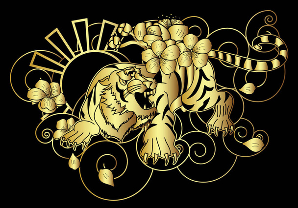 Doodle Art Stil Tigergesicht mit Kirschblüte und aufgehender Sonne tattoo.Tiger traditionelle tattoo.Line Kunst Tiger mit Sakura und Hibiskus Blume Tätowierung. - Vektor, Bild