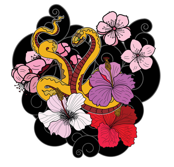 カラフルなヘビのコブラの入れ墨。花と雲のベクトルと手描きコブラは白い背景に隔離されています。口を開くとキングコブラヘビ。ヘビコブラのイラスト. - ベクター画像