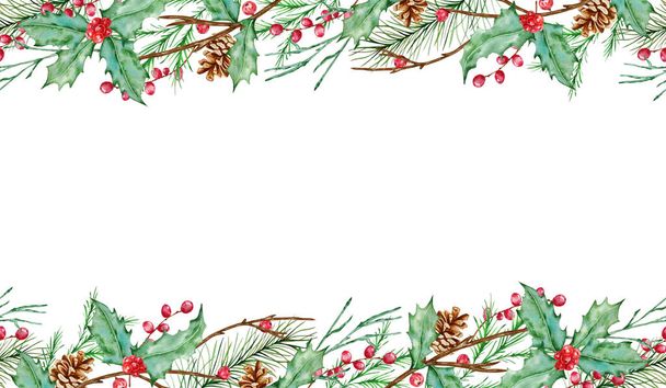 水彩クリスマスは、モミの枝、ホリーベリー、モミや松のコーンとテキストのための場所と水平シームレスな組成を花輪。白を基調としたグリーティングカードや招待状のイラスト. - 写真・画像