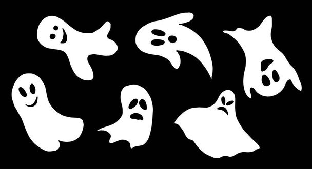Set of ghosts for the celebration of Halloween. White drawings on the black background. Stock illustration. - Вектор, зображення