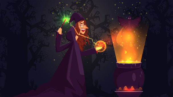 Cheerful Witch Doing Magic From Wand with Boiling Potion Cauldron on Forest Background. - Vettoriali, immagini