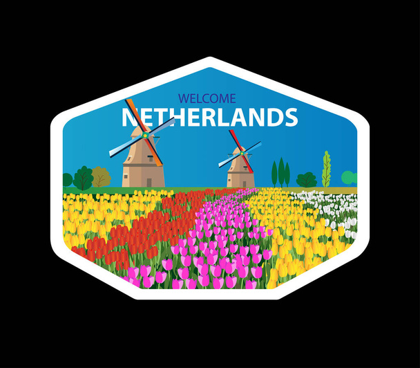 Vektorová nálepka s holandskými tulipány a mlýnem. Pro designové karty a pozvánky. - Vektor, obrázek