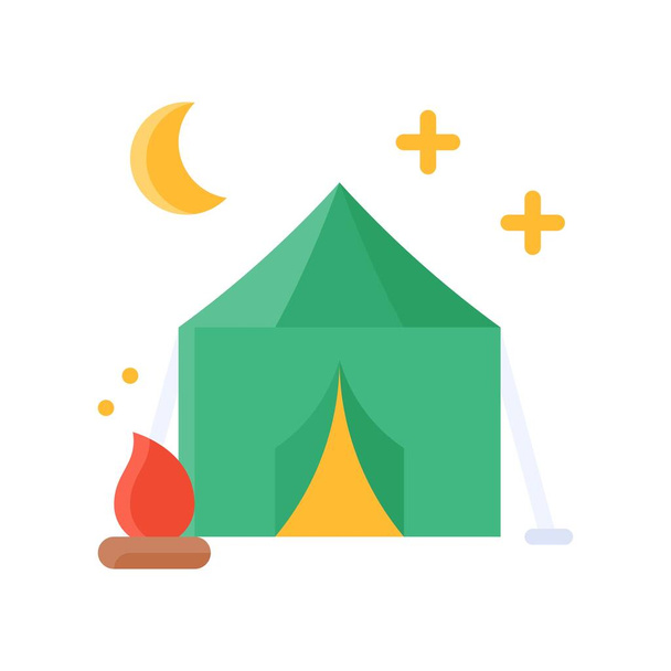 vrije tijd gerelateerde cammping tent met vuur en maan vector in platte stijl - Vector, afbeelding