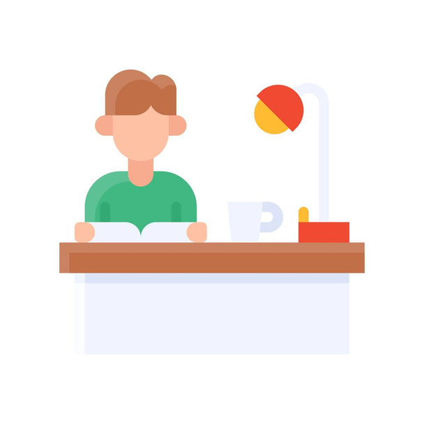 free time related boy study with table, tea cup and light vector in flat style - Vector, Image
