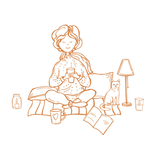 Acogedores días de otoño. Una chica con un gato se sienta en almohadas y bebe una bebida caliente. Dibujo vectorial ilustración. - Vector, imagen