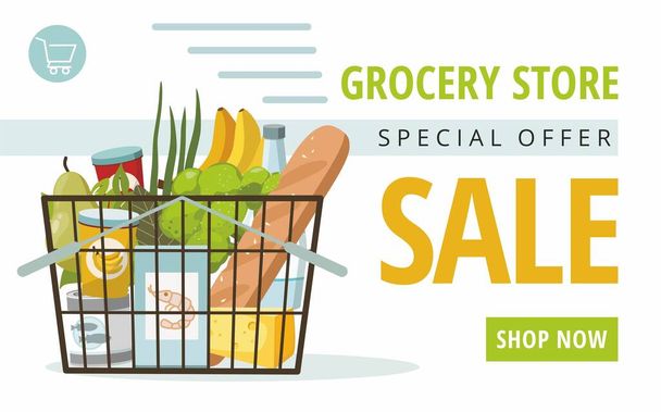 Shopping basket with grocery products on white background. Promotional sale banner. - Wektor, obraz