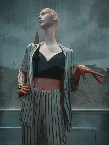 A vertical shot of a mannequin with an elegant outfit behind a glass - Foto, immagini