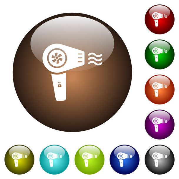 Sèche-cheveux avec hélice icônes blanches sur boutons ronds en verre en plusieurs couleurs - Vecteur, image