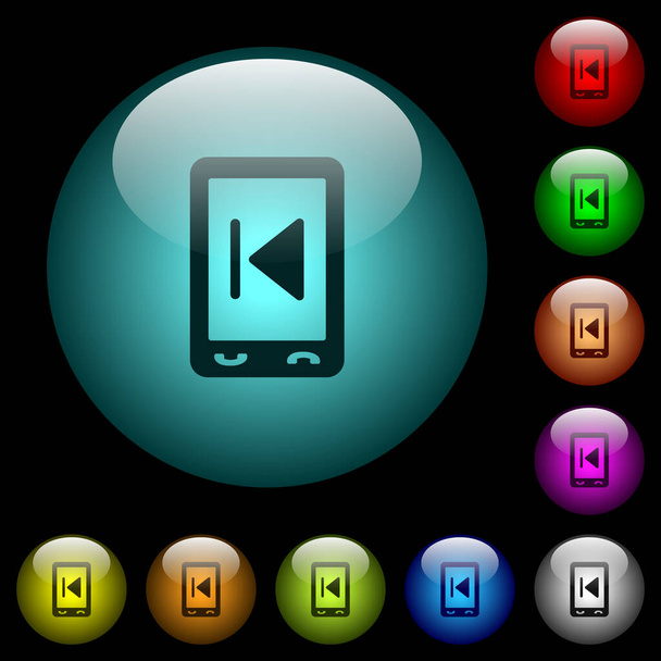 Mobile media previous icons in color illuminated spherical glass buttons on black background. Can be used to black or dark templates - ベクター画像