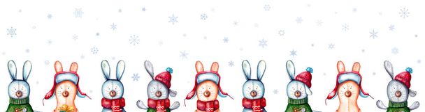 illustration aquarelle de Joyeux Noël et Bonne année. bannière transparente avec des personnages de Noël de lapins mignons. un ensemble de lapins jouets mignons pour affiches, invitations et cartes de vœux - Photo, image