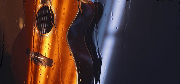  guitar  behind the glass with water drops - Φωτογραφία, εικόνα
