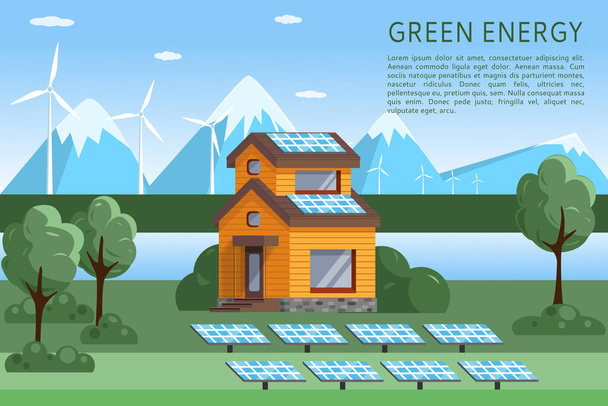 Η έννοια της πράσινης ανανεώσιμης ενέργειας. Τοπίο με σύγχρονο οικολογικό σπίτι, ηλιακούς συλλέκτες και ανεμογεννήτριες. Εικόνα διανύσματος επίπεδου στυλ. - Διάνυσμα, εικόνα