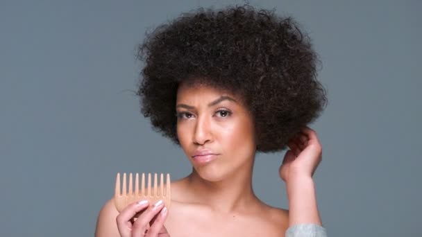 African American woman comb through her frizzy afro hairstyle - Кадри, відео