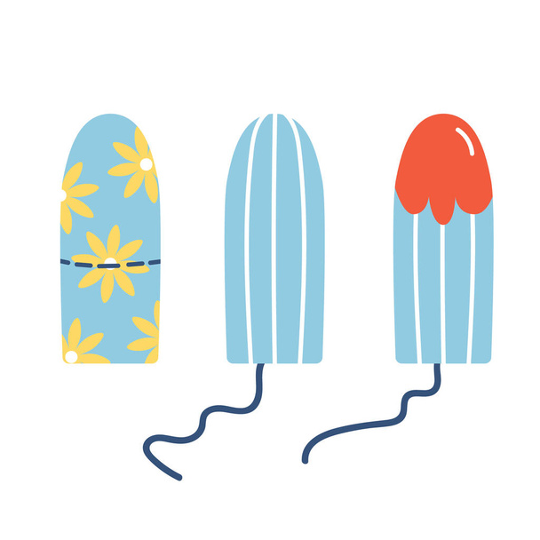 Set of female tampons during the menstrual cycle, packaged and open. Feminine hygiene during menstruation. Vector illustration eps 10 - Vector, Image