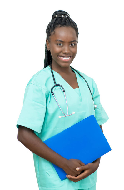 Afro american female nurse with file of patient isolated on white background for cut out - Zdjęcie, obraz