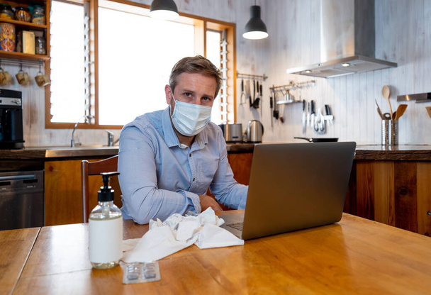COVID-19 Online medical Consultation. Sick man with mask connecting with doctor on video call. Online Patient talking to physician for medical advice on treatment of coronavirus disease symptoms. - Photo, image