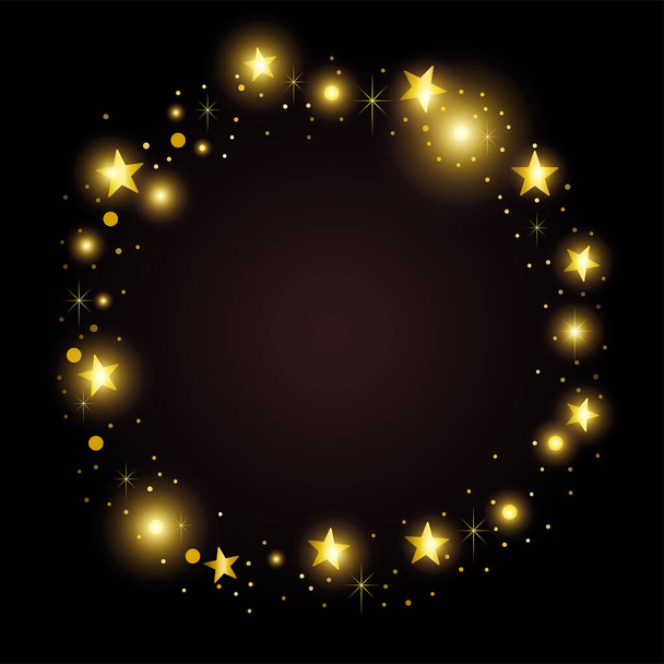 Pyöreä kultainen kehys satunnaisia kultaisia tähtiä mustalla taustalla. Juhlarungon, joulun, loman tai kutsun malli - Vektori, kuva