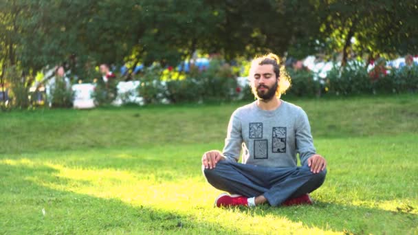 緑の草の上で瞑想ハンサムな若い男。コンセプト。夏の晴れた日に街の公園の新鮮な緑の芝生の上に座って瞑想中にリラックスした男. - 映像、動画