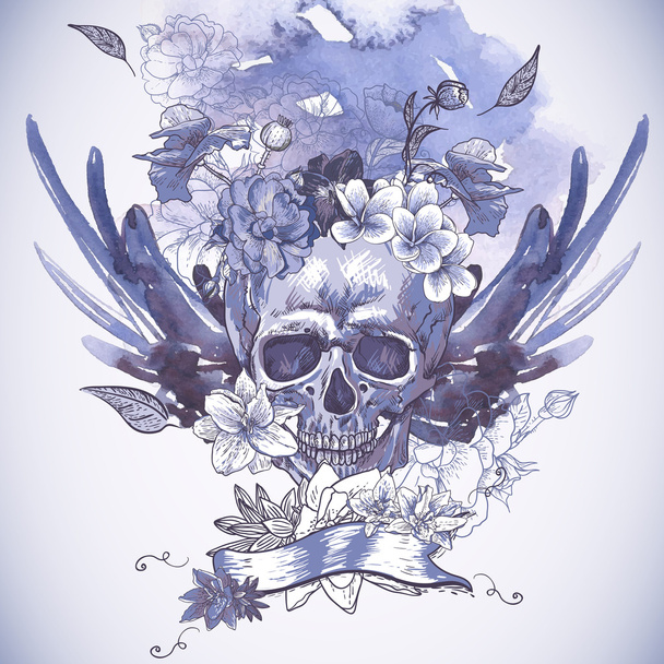 Fond abstrait avec crâne, ailes et fleurs
 - Vecteur, image