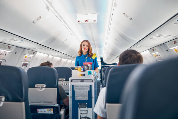 Hôtesse de l'air servant de la nourriture à bord d'un avion commercial - Photo, image