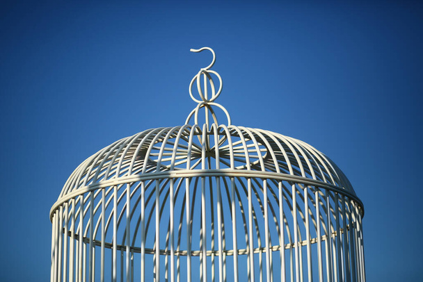 Partie supérieure d'une cage en métal blanc rétro contre le ciel bleu - Photo, image
