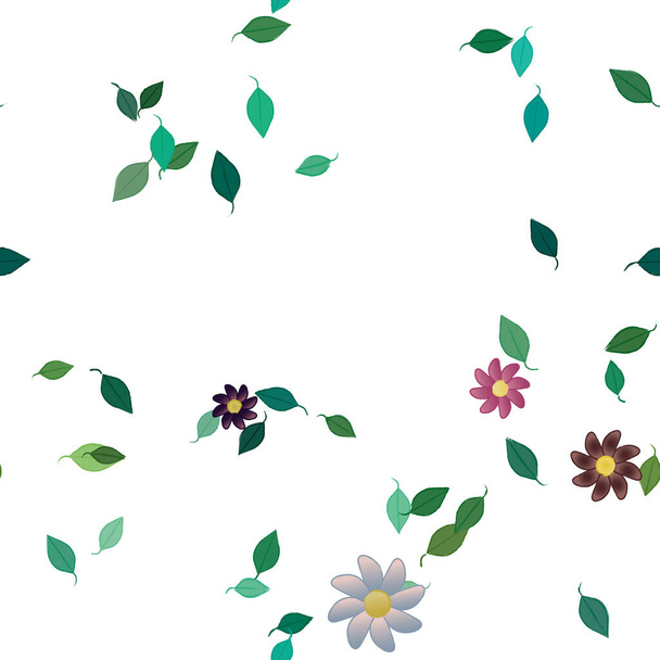 όμορφη σύνθεση με απλά χρωματιστά λουλούδια και πράσινα φύλλα στο παρασκήνιο, διανυσματική απεικόνιση - Διάνυσμα, εικόνα