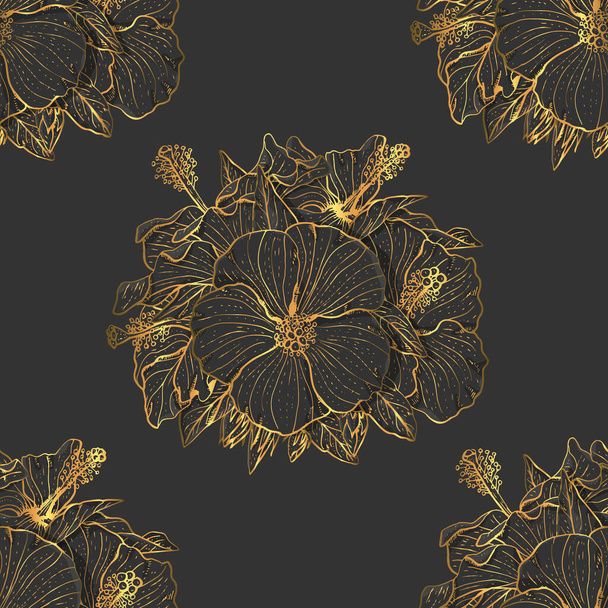 Золотой цветочный безморщинистый узор с нарисованными вручную цветками гибискуса на черном фоне. Векторная иллюстрация. - Вектор,изображение