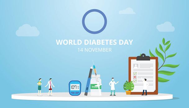 světový diabetes den koncept na 14 listopad s lidmi lékař a zdravotní záznam s moderním plochým stylu vektoru - Vektor, obrázek
