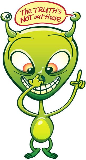 Alien pretending to finally know where to find the truth. At the same time he's lots of fun when introducing its finger into his nose to get snots. He shows a text saying "I know where the truth is" - Vector, Image
