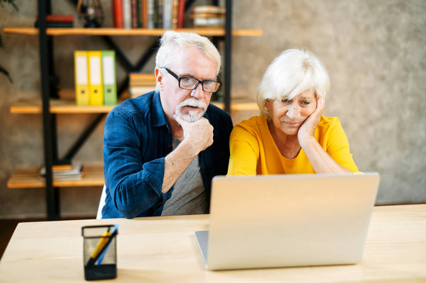 Unhappy senior couple looks at laptop screen - Foto, Imagen