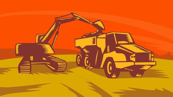 İş projesi yönetiminde veya federal sanat projesi tarzında yapılan maden ocağında çöp kamyonuna kum dolduran bir mekanik kazıcı çiziminin Retro WPA illüstrasyonu. - Fotoğraf, Görsel