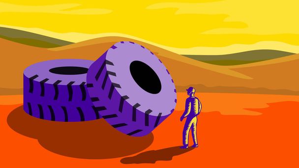 Retro-WPA-Illustration eines Bergarbeiters oder Industriearbeiters, der vor einem riesigen Bergbau-LKW-Reifen steht, der im Stil einer Werksverwaltung oder eines Kunstprojekts des Bundes ausgeführt wird. - Foto, Bild