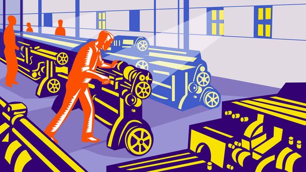 Retro WPA illustration of vintage lathe machine operator operating a lathe machine in factory floor done in works project administration or federal art project style. - Photo, Image