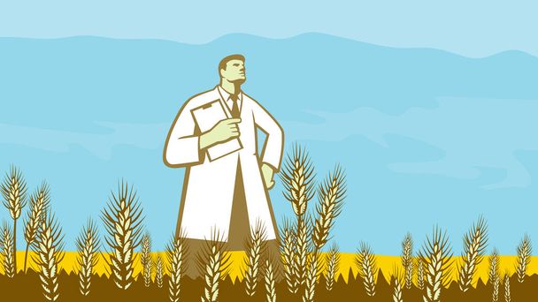 Retro WPA απεικόνιση ενός επιστήμονα με πρόχειρο στέκεται στη μέση του σιταριού αγρόκτημα πεδίο γίνεται σε έργα διαχείρισης του έργου ή ομοσπονδιακή τέχνη στυλ του έργου. - Φωτογραφία, εικόνα