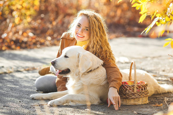 Muchacha joven atractiva con perro al aire libre en el fondo de otoño. - Foto, Imagen