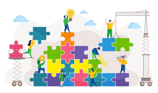 Group of business partners working at joint business project, connecting details of colorful puzzle - Vector, Image