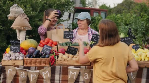 Nainen asiakas ostaa luomutuotteita viljelijöiden markkinoilta - Materiaali, video