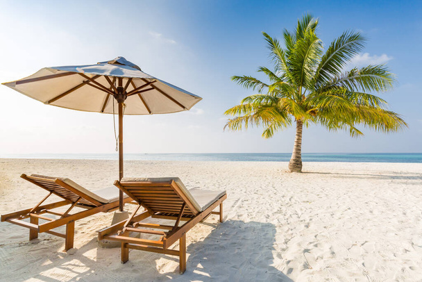 Krásná tropická scenérie západu slunce, dvě lehátka, lehátka, slunečník pod palmami. Bílý písek, výhled na moře s obzorem, barevná soumračná obloha, klid a relaxace. Inspirativní plážový resort hotelová krajina - Fotografie, Obrázek