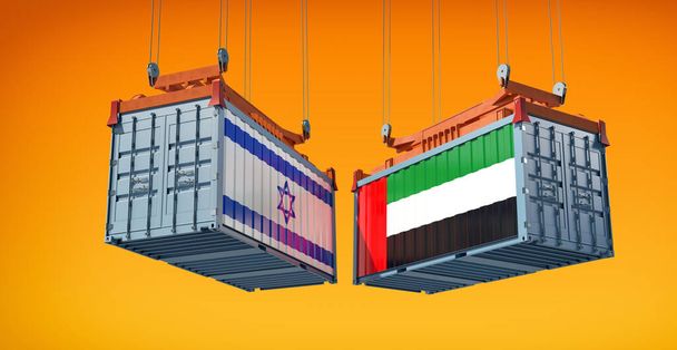 Frachtcontainer mit Flagge Israels und der Vereinigten Arabischen Emirate. 3D-Rendering  - Foto, Bild