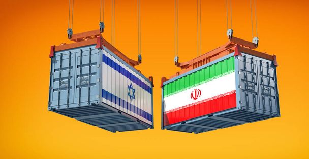 イランとイスラエルの旗を持つ貨物コンテナ。3Dレンダリング  - 写真・画像